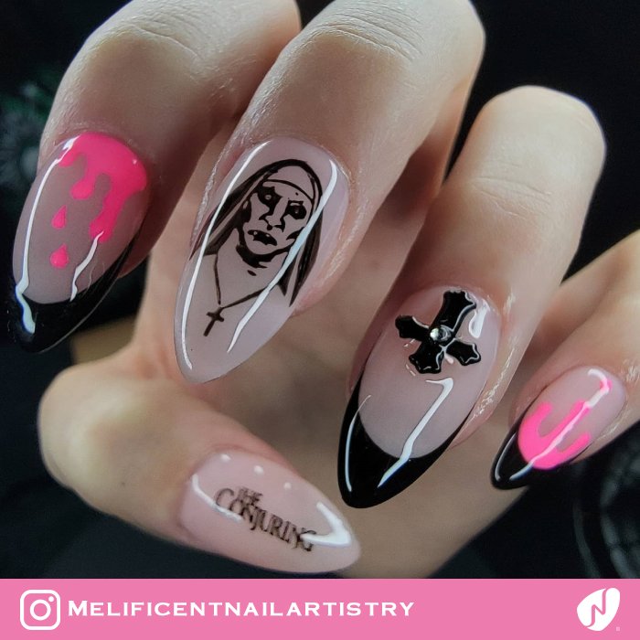 The Nun and Cross Halloween Nails